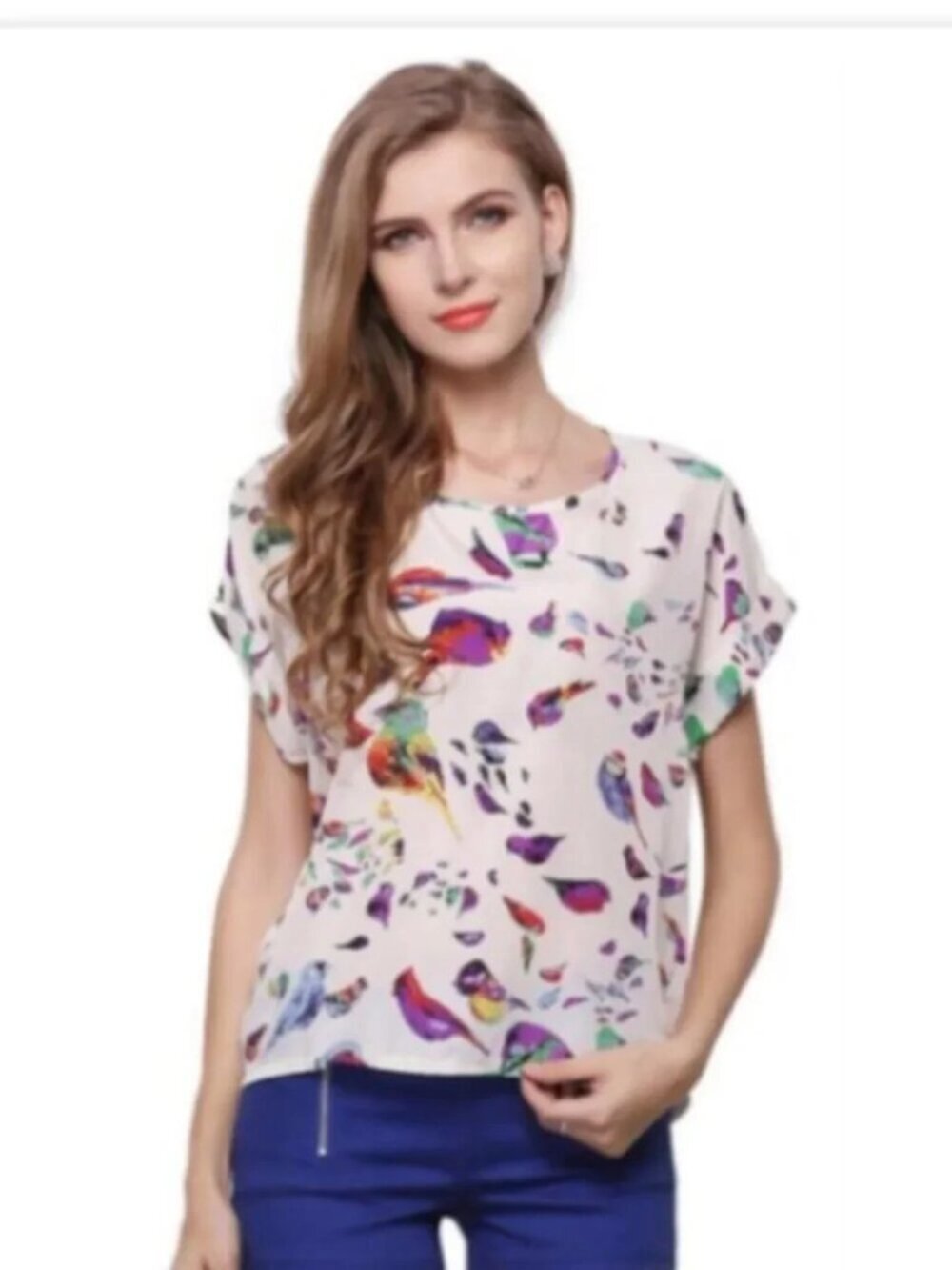 Liva Girl Bird Blouse Bright Watercolor Boho Natural Novelty Lightweight L